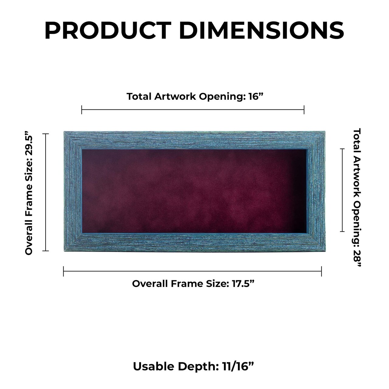 Rustic Blue Wood Shadow Box Frame with Acrylic Front - Dark Red Suede Backing, 30 Sizes